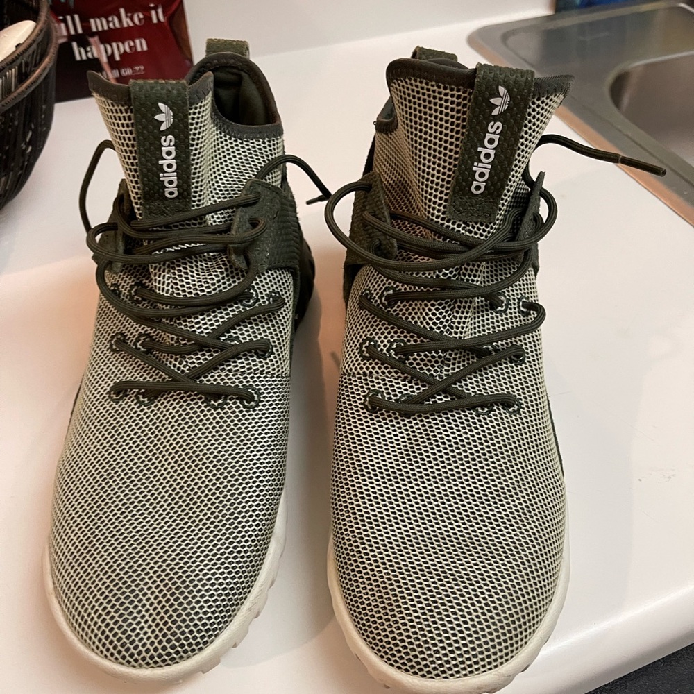 Adidas Olive and White High-Top Sneakers
